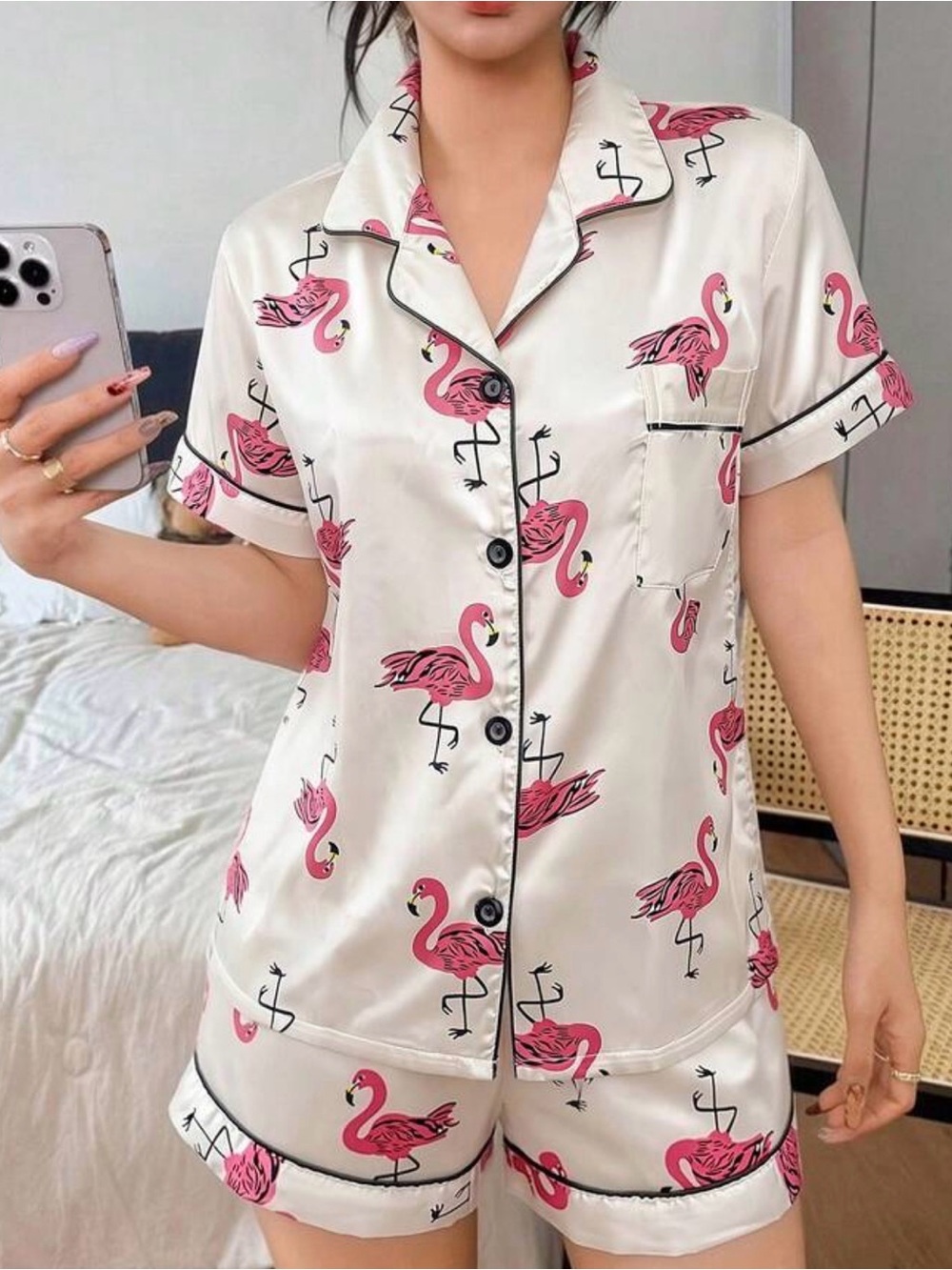 SHEIN Pink Flamingo Satin Short Pajama Set - Cream Base